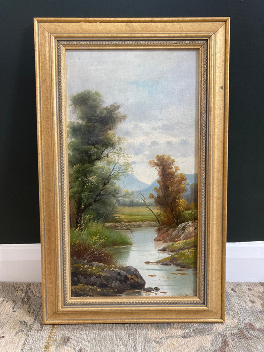 Original Oil River and Mountain View in Antique Gold Effect Frame - Kristia Rose Collections