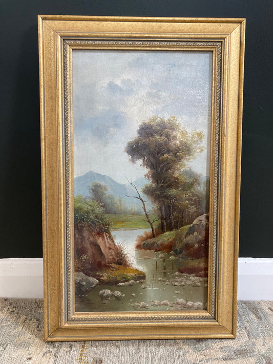 Original Oil River and Mountain View in Antique Gold Effect Frame - Kristia Rose Collections