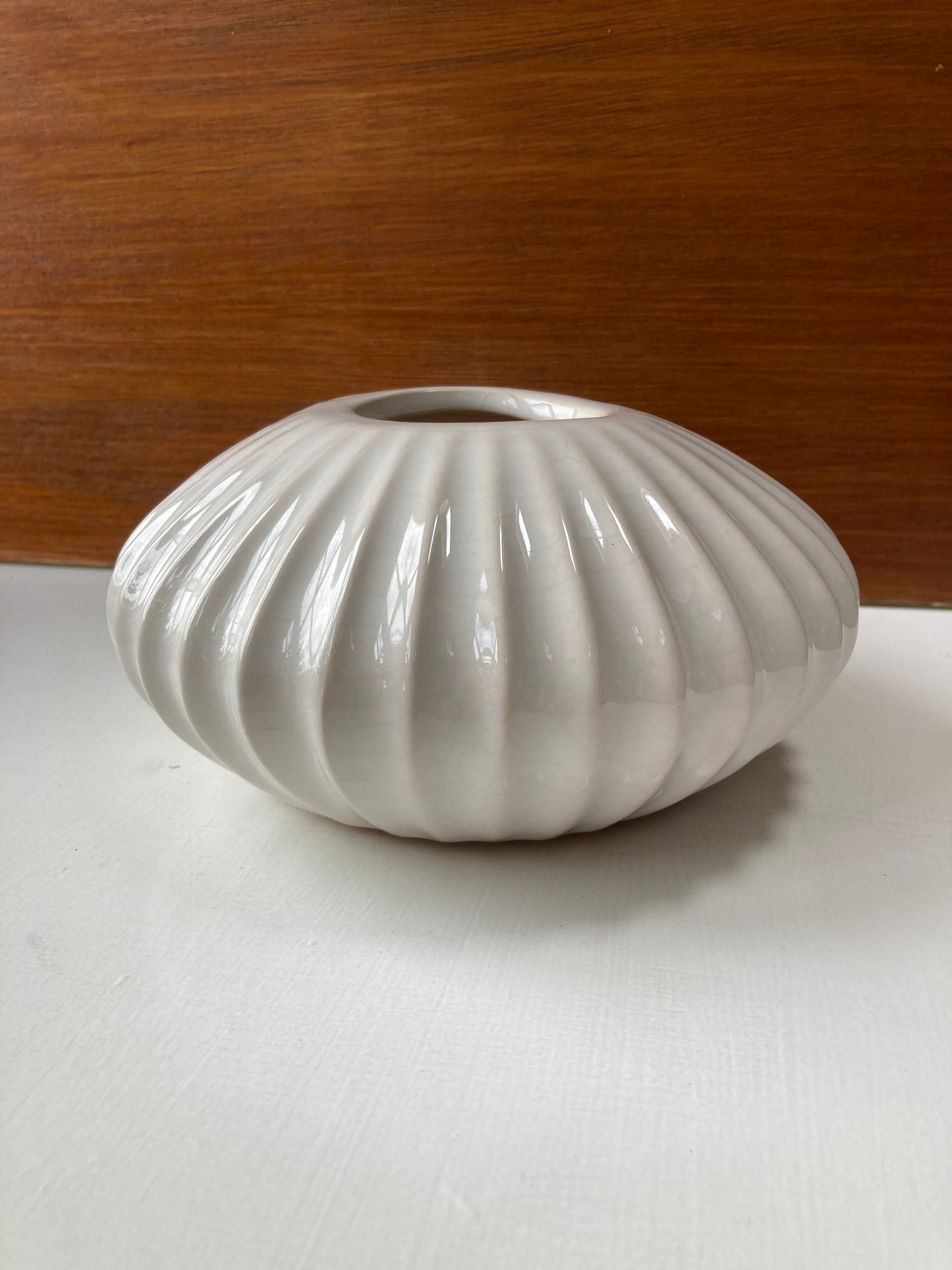 White Ceramic Ribbed Squat Vase - Kristia Rose Collections