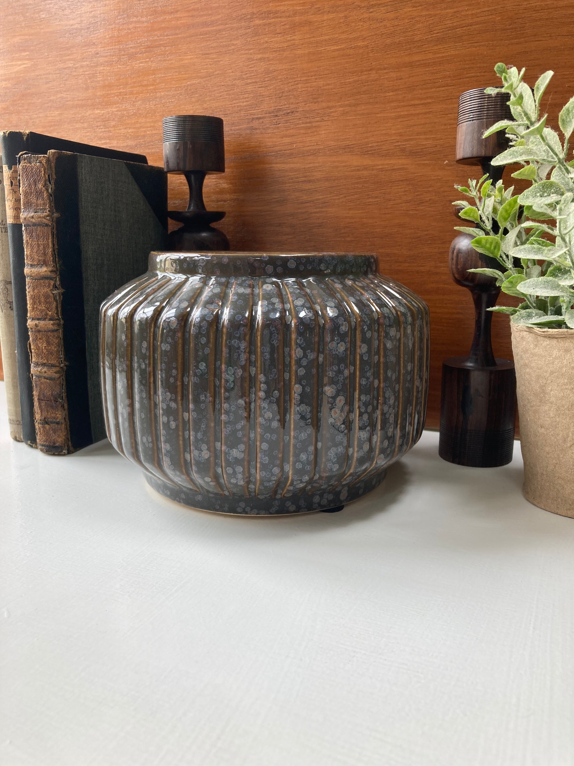 Grey Stripe Speckled Glossy Pot - Kristia Rose Collections