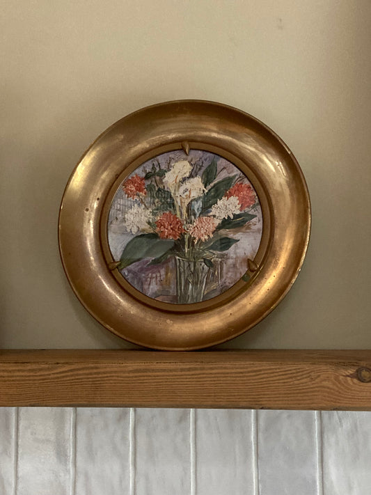 Still Flower Print in Circular Vintage Brass Frame