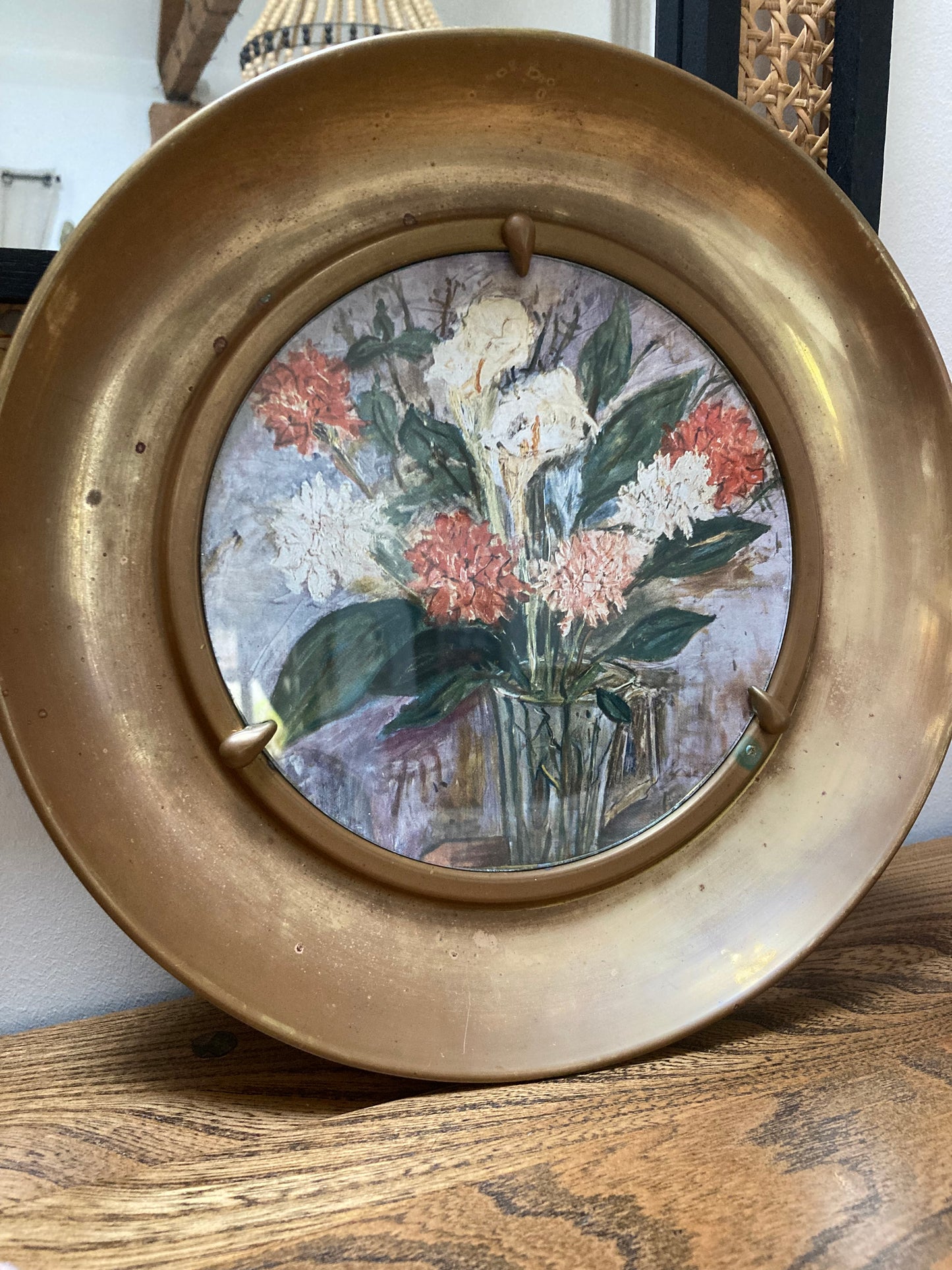 Still Flower Print in Circular Vintage Brass Frame