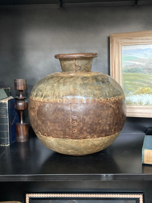 Vintage Indian Iron Metal Water Pot in Rust/Silver
