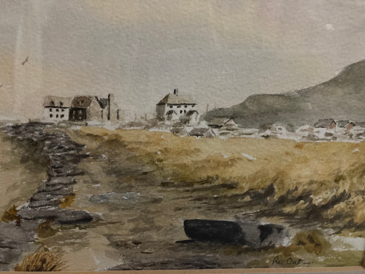 Vintage-style painting of a coastal landscape