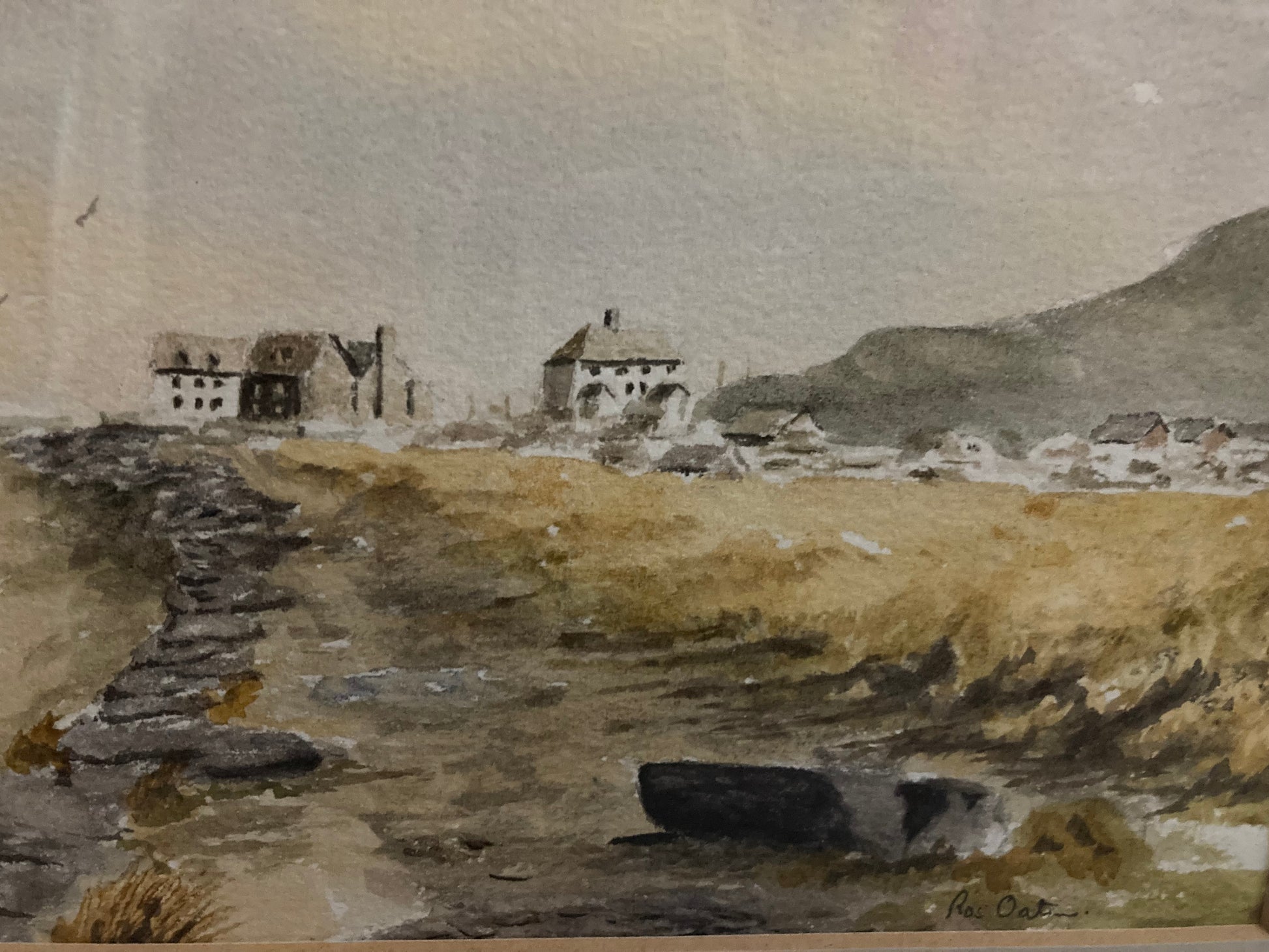 Vintage-style painting of a coastal landscape