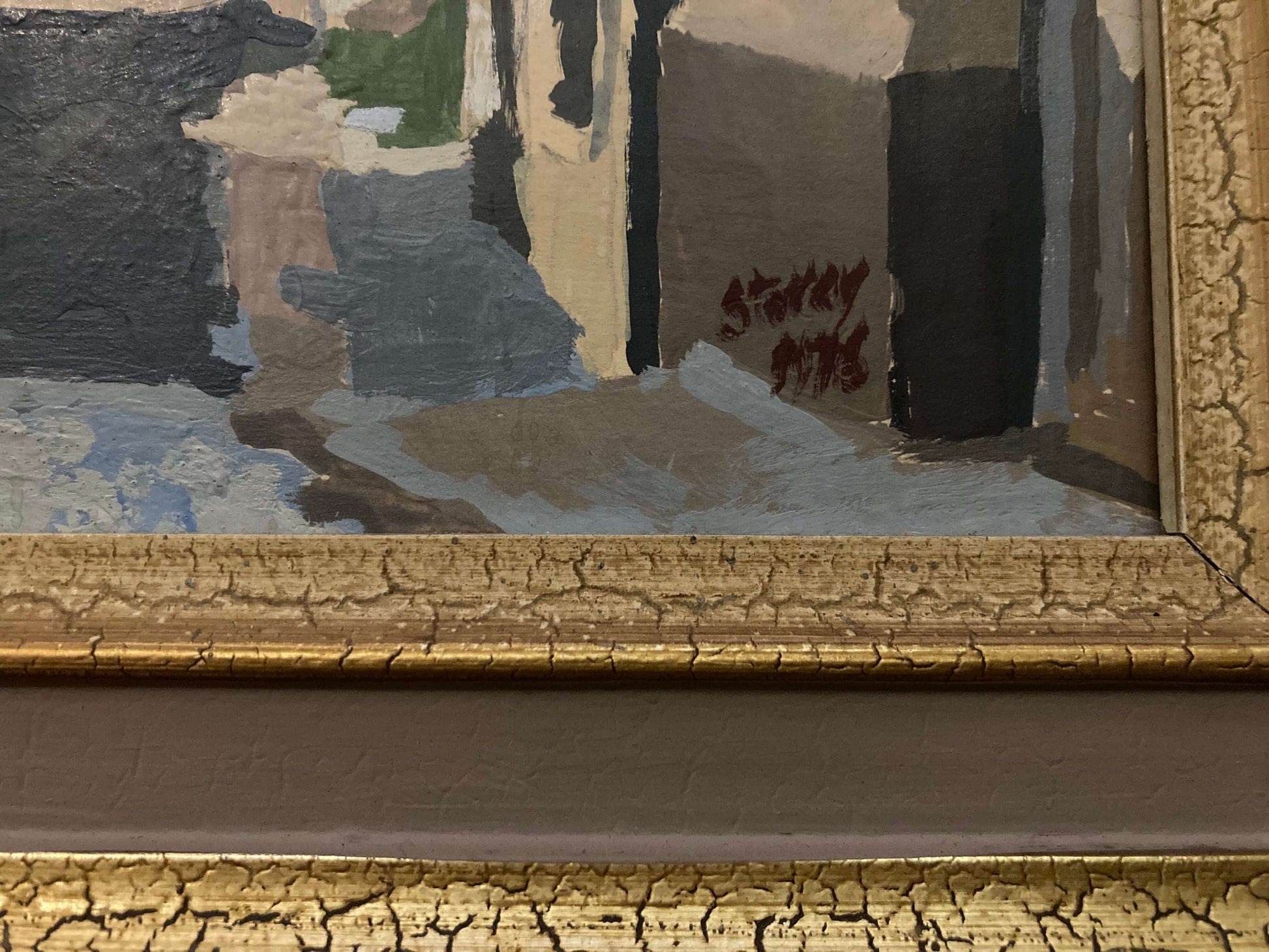 Close-up of a signed textured painting with a gold frame by Warren Storey