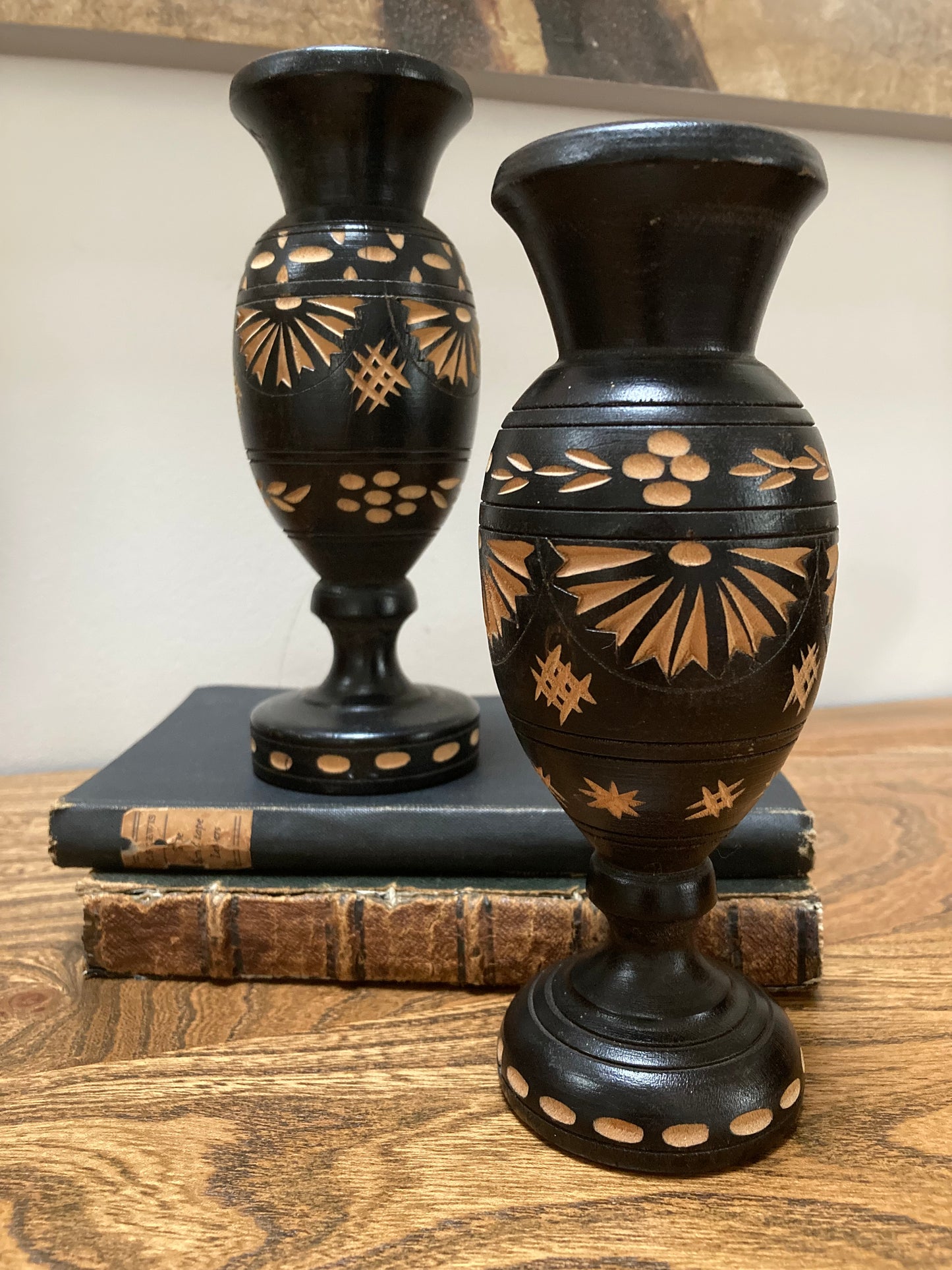Pair of Black Hand Carved Wooden Vases