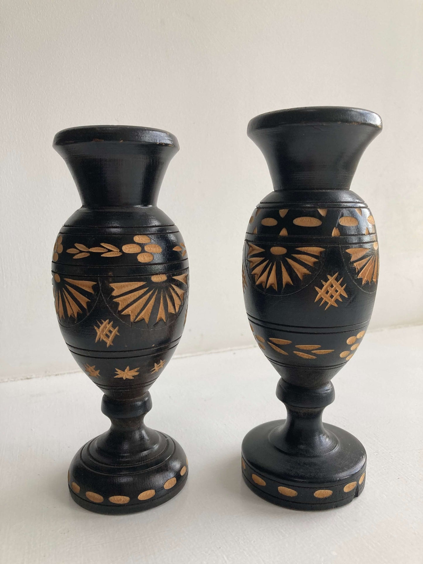 Pair of Vintage Hand Carved Black Wooden Vases