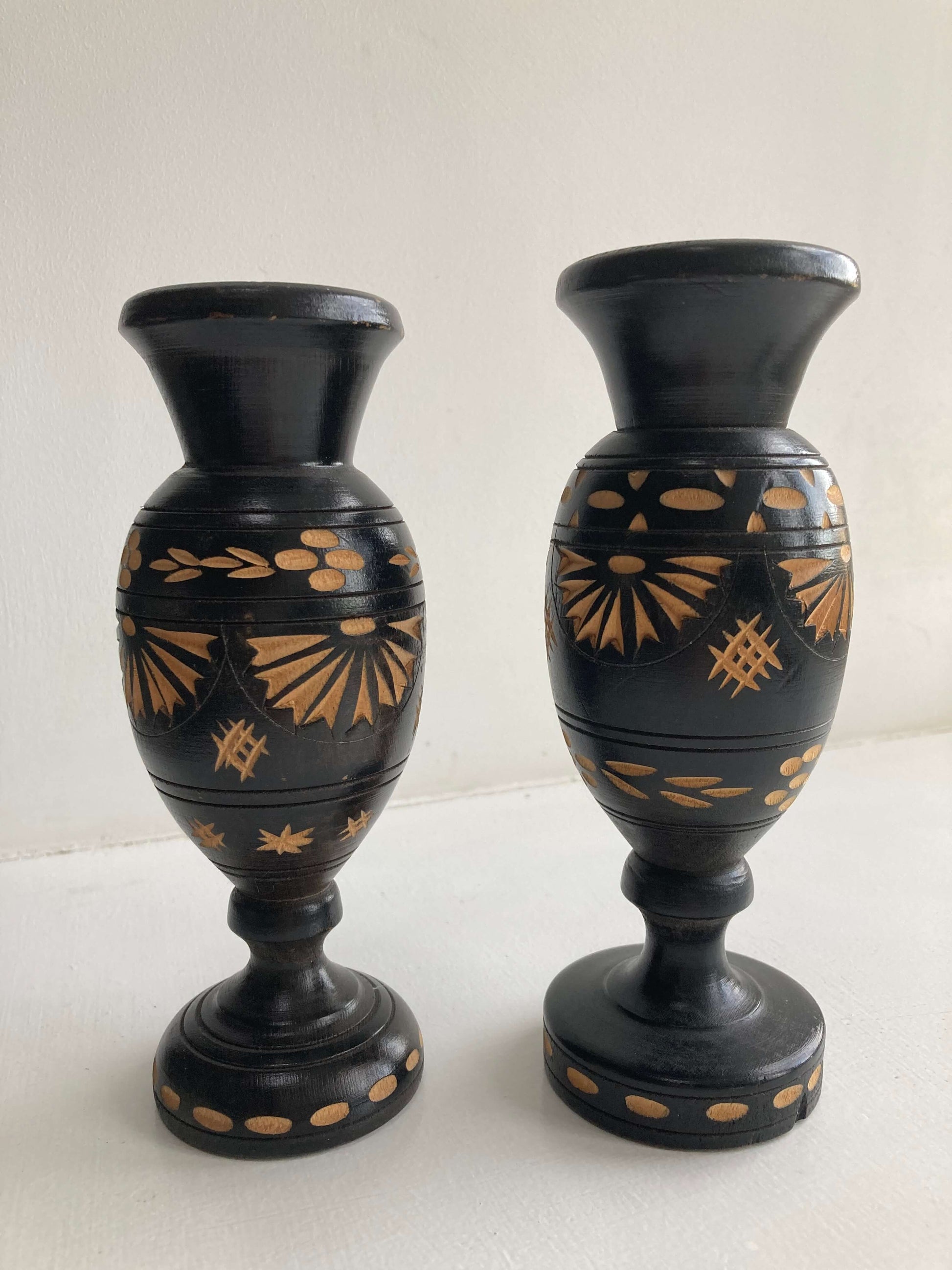 Pair of Vintage Hand Carved Black Wooden Vases
