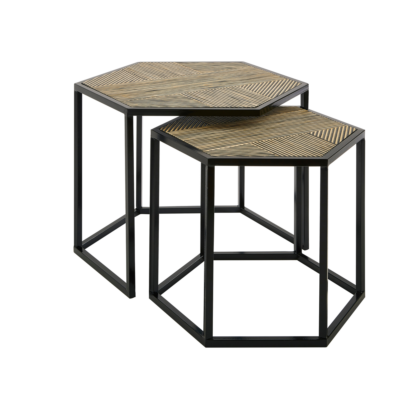 Hexagonal Black Iron and Bamboo set of 2 Side Tables