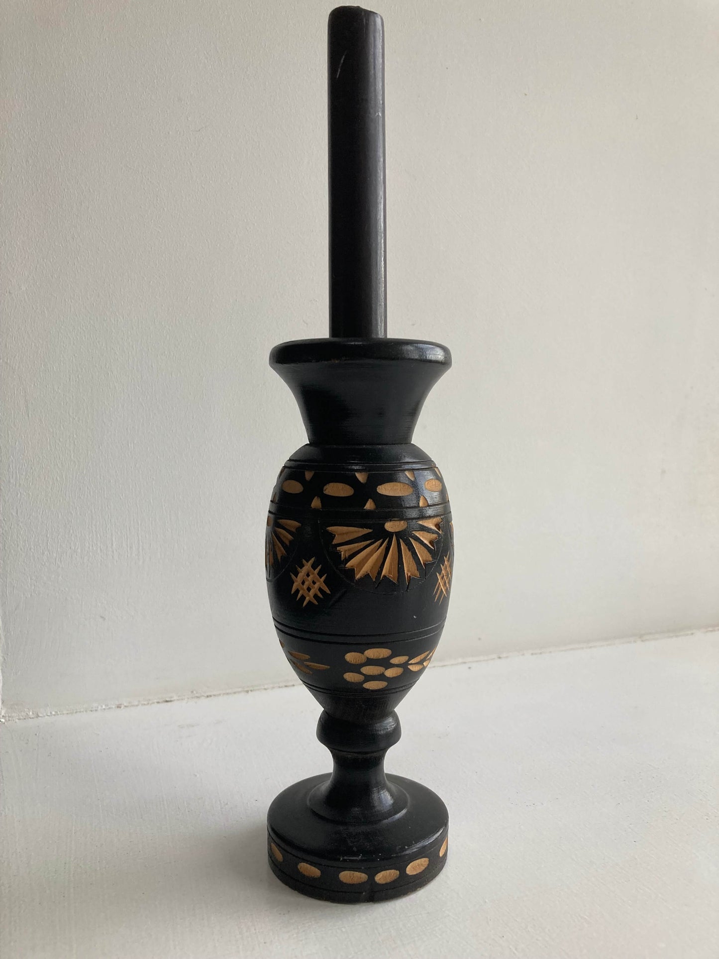 Pair of Vintage Hand Carved Black Vases/ Candle Holders