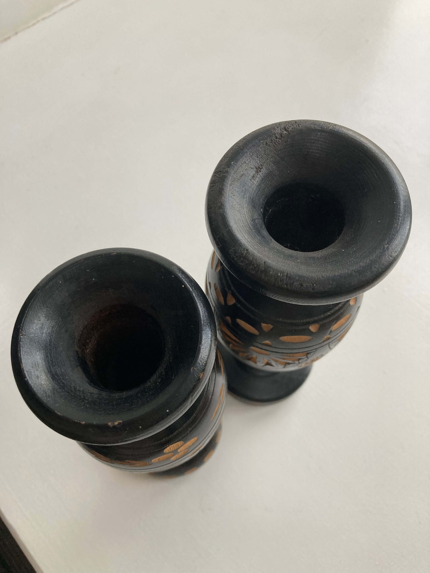 Pair of Vintage Hand Carved Black Vases/ Candle Holders