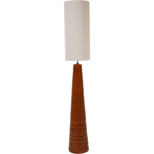 Tall floor lamp with a textured brown base and white shade on a white background