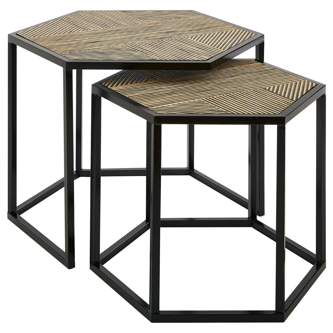 Hexagonal Black Iron and Bamboo set of 2 Side Tables - Kristia Rose Collections