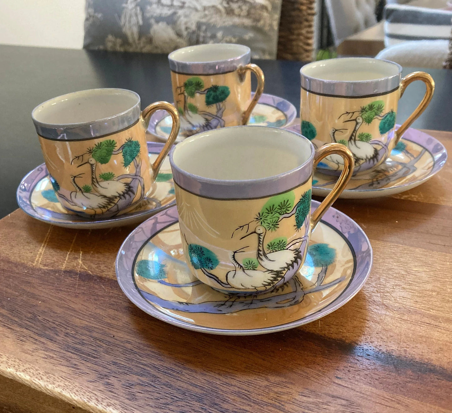 Vintage Japanese cups and saucers x 4, hand painted fine porcelain - Kristia Rose Collections