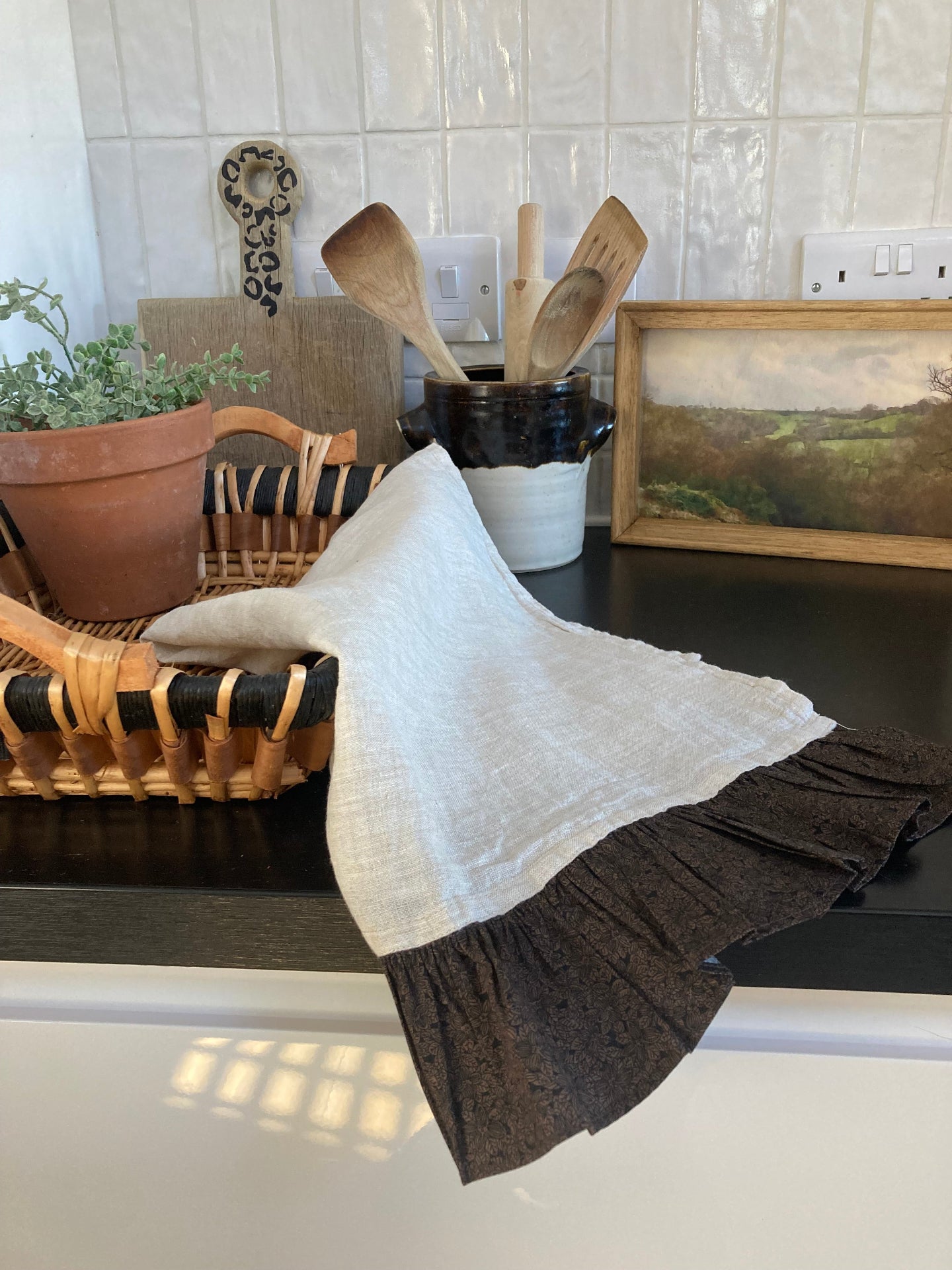Linen Ruffle Tea Towel Natural Floral