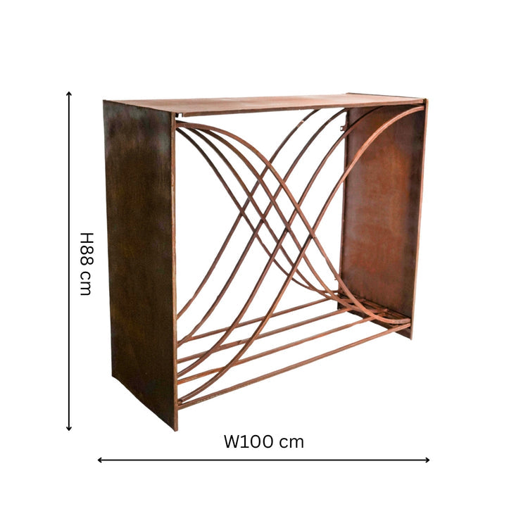 Outdoor Sculptural Log Storage in Rust Dimensions