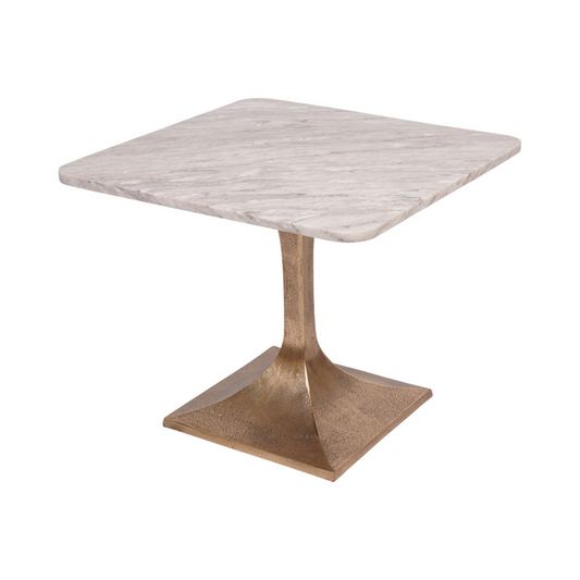 Square marble table with a bronze base on a white background